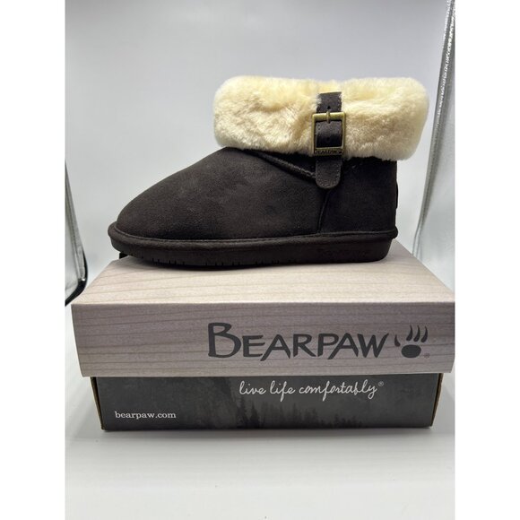 New! Bearpaw Abby Youth Chocolate Boots Size 5 M With Faux Fur Collar & Adjustab - Picture 1 of 9
